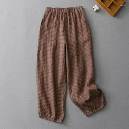 Women's Pants Limiguyue Women Vitnage Linen Plaid Literary Pockets Retro Radish Cotton Trousers Casual Loose Summer E