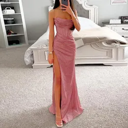 Casual Dresses Women Evening Dress Shiny Sequin Sleeveless Off Shoulder Party Spaghetti Strap Low-cut High Split Waist Lady