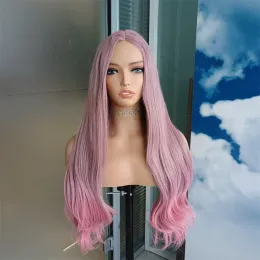 Wigs fanxition Pink Natural Wave شعر مستعار Ombre Pink Long Wavy None Lace Wig Fiber Hair Haird Halloween Cosplay Cosplay