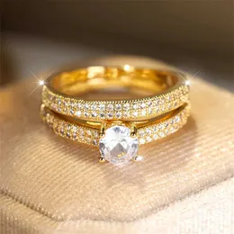 2pcs обручальные кольца белые цирконы обручальные кольца наборы роскошные хрустальные круглые каменные двойные кольца для женщин Винтажный золотой цвет обручальный кольцо Бохо ювелирные изделия