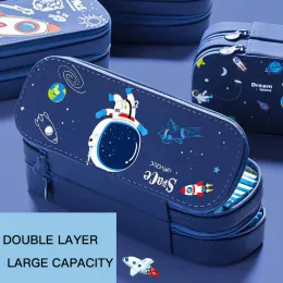 أكياس Chen Lin New Blue Spaceship Boys Pencil Cases Double Layer Stationery Box 3D Space Dinosaur Pen Case for Kids School Supplies