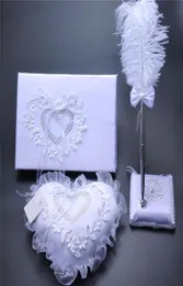 3 pezzi set tela di iuta pizzo cristallo matrimonio libro degli ospiti penna set anello cuscino giarrettiera decorazione amore cuore nuziale cuscini per anelli Weddin4575716