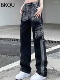 Jeans femininos BKQU Y2K Mulheres bolsos de cintura baixa baixa calça jeans reta 2024 Fashon Goth Streetwear Tie Dye lavado American Troushers