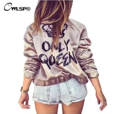 CWLSP moda satynowa jedwabna kobietę płaszcza złota bombowca kurtka tylna tylko królowa korona litera druk wierzchnia odzieży streetwearu chaqueta mjer s183068791