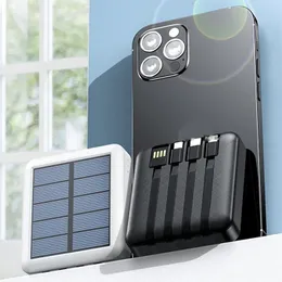 10000mAh Solar Power Bank embutido Four Cable Data Mini PowerBank de bateria externa para Samsung iPhone Xiaomi