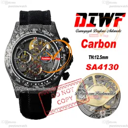 Di Carbon SA4130 Automatische Chronographen Herren Watch Diwf Skelett Gelbgold Arabisches Zifferblatt Schwarzer Nylon -Gurt Super Edition gleiche Serienkarte Reinigungszeit Reloj Ptrx F2