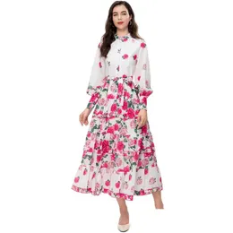 Runway Dresses Womens O Neck långa ärmar blommor tryckt Sash Belt modedesigner Vestidos Drop Delivery Apparel Clothing Dh8az