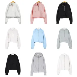 24SS Yoga Hoodie Womens halv dragkedja plus sammet förtjockande jackor hoodys sport mode terry designers tröja chothing lösa korta kläder