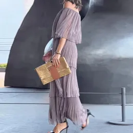 Women Slash Neck Off Shoulder Pleated Long Dress Spring Elegant Solid Ruffle Party Dress Summer Butterfly Sleeve Boho Maxi Dress 240319