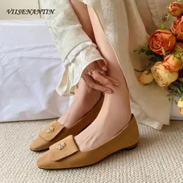 Casual Shoes Est France Style Metal Flower Decor Flat Women Small Square Head Shallow Slip On Suede Leather Comfortable