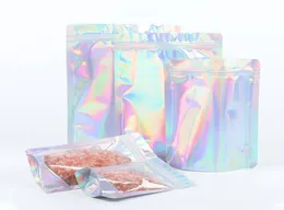 High Quality Assorted Size Foil Glossy Clear Front Holographic Silver Back Stand Up Zip Lock Round Corner Bag With Tear Notch6558455