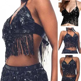 Paljett Tassel Belly Dance Bra Fringe Top Halter Bra Dane Wear Nightclub Stage Performance Dance Wear för Thailand/Indien/Arab