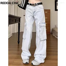 Women's Jeans ReddaChic Light Washed Blue Baggy For Women Low Waist Multi-Pocket 90s Retro Skater Oversize Pants Wide Leg Y2k Trousers