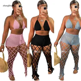 Summer Womens 2024 Hollow Out Perspective Two Piece Set Beach Style Fishing Net Hook Sexig Fashion Bra Matching