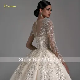 Loverxu Ball Gown Luxury Wedding Dresses 2024 o-neck long-sleeve vestido de novia lace beaded chapel train glamous