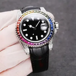 Diamond Watch Männer Automatische mechanische Bewegung 40 mm Sapphire Designer Uhren Rainbow Diamond Lünette Lederarmband Hochwertige Armbanduhr Montre de Luxe