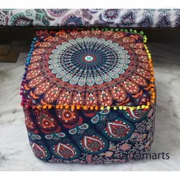 Pillow Square Ottoman Pouf Cover 16x16x16 "Multi Peacock Style Foot Pool Covers