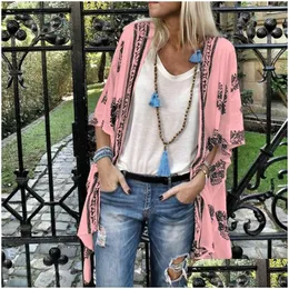 Women'S Blouses & Shirts Womens Boho Printed Cardigan Shirt Autumn Spring Fashion Kimono Long Sleeve Beach Er Tops Ladies Plus Size 5 Dhqkn