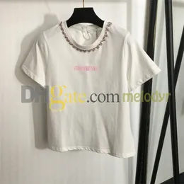 Luksusowe kobiety T -koszulka Drukuj Białe koszulki Pink Rhinestone Crew Szyja Krótkie rękawa Pullovery Summer Slim Tees