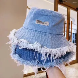 Ball Caps Tassel Bucket Hats Wide Brim Washed Denim Panama Cap Foldable Fisherman Hat Unisex