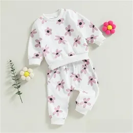 Clothing Sets Born Baby Girl Spring Fall Round Neck Flower Print Long Sleeve Outfit Plover Sweatshirt Pants Set Drop Delivery Kids Mat Otfhr