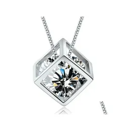 Подвесные ожерелья 925 Стерлинги Sier Love Cube Diamond S925 Crystal Shining Square Square Link Chans Choker Sweddage Vintage Dhgqb