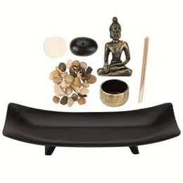 1 Sätt ljusets rökelsepinne i Zen Garden Tray Natural Stone Rocks, Tea Light Holder och Mini Staty - Meditation Spiritual Gift, Home Decor Office Table Top