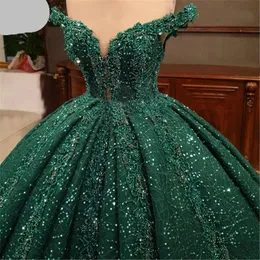 Blackish Green Sequined Flower Girls Quinceanera Dress Off Shoulder Shiny Beads Ball Gown Sweet 16 Year Princess Dresses For 15 Years Vestidos