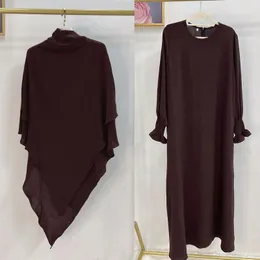 민족 의류 오버 헤드 2 조각 세트 여성 무슬림기도 의류 eid ramadan khimar abayas 이슬람 히잡 아바야 니카 카프 탄 드레스 로브