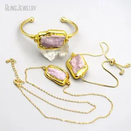 Gold Color Dipped Kunzite Natural Stone Link Chains Necklace Bangle Bracelet Cuff Bridal Jewelry Sets Women Boho Accesorios 240401