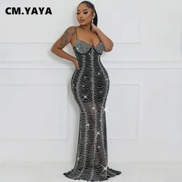 Abiti casual CM.Primavera 2024 Sexy Mesh Rhinestone See attraverso abito da sera da sera a V-Neck Birthday Sleeveless Long Cink Maxi