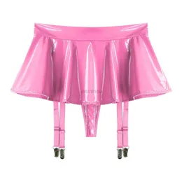 Urban Sexy Dresses Womens Glossy Patent Leather Ruffle Mini Skirt Built-in Thongs Garter Belts Metal Clips Shorts Miniskirt Wet Look Rave Clubwear 2443