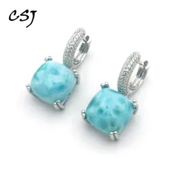 Earrings CSJ Natural Larimar Dangle Earrings Sterling 925 Silver Gemstone Cushion 12mm for Women Birthday Party Jewelry Gift