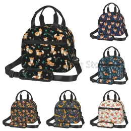 Cute Foxes Pattern Insulated Lunch Bag for Women Kids Reusable Lightweight Bento Cooler Thermal Lunch Box with Adjustable Strap
