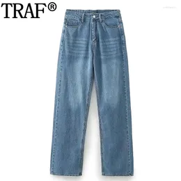 Dżinsy damskie niebieskie dla kobiet w talii prosta noga streetwear wyblakły dżinsowa dżinsowe spodnie y2k jesień