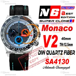 Diw Monacos Quartz Carbon SA4130 Automatisk kronograf Mens Watch N6F V2 White Blue Orange Dial Black Nylon Strap Super Edition Samma Serial Card Puretime Reloj Ptrx