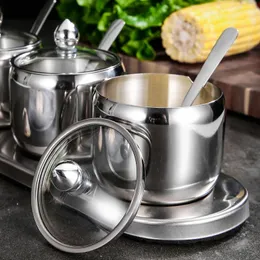 2024 Stainless Steel Coffee Sugar Bowl Sugar Pot with Spoon Cup Cover Condiment Pot Spice Container Canister Home Kitchen Favors