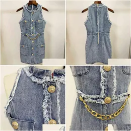 Basic Casual Dresses High Street Est Designer Summer Dress Womens Sleeveless Tassel Fringed Lion Buttons Denim 210521 Drop Delivery Ap Dhtsc