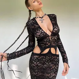 Black Lace Mesh See Through Bodycon Dress for Women 2024 Autumn Sexy Night Club Outfits Hollow Long Dresses