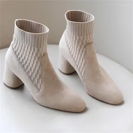 Buty buty dzianinowe dla damskich szwy podżegania femme churry high obcase kobiety kwadratowe palce ropy żeńskie linie szycia tacones botas