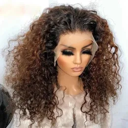 Długa Ombre Blond Brown Curly Lace Front For Black Women Babyhair odporna na ciepło wstępnie zabrzaskane 240327