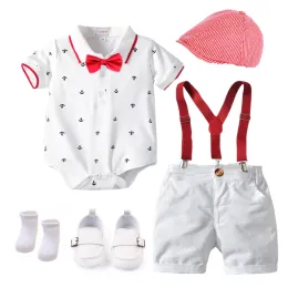 Care Cotton Boys Sommer Neugeborene Kleidung Set Geburtstagskleid weiße Säugling Outfit Hut + ROMPERS + BIB SHORTS + Schuhe + Socken 6 PCs 018m