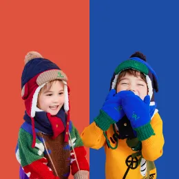 Mattresses Warm Children Hat Scarf Gloves Set Autumn Winter Kids Ear Protection Warm Cap Boy Girl Soft Windproof Thickened Veet Hats