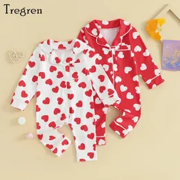 Tregren 024M Baby Boys Girls Pajamas Jumpsuits Long Sleeve Lapel Collar Heart Print Button Up Rompers born Infant Clothes 240325