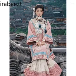 Work Dresses Irabeezt Chinese Style Skirt Set Stand Collar Long Sleeve Printed Coats Pleated High Waist A-line Skirts National Minority