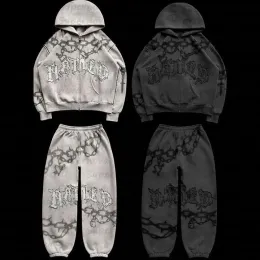 Шаллерки эстетическая хипхоп -стрит одежда с шляпой гот -принцип негабаритный пиджак на молнии панк -мусорная пара пуловер Y2K Одежда 2023