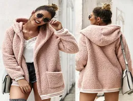 Casaco feminino com capuz manga longa listrado emendado pelúcia grosso quente cor sólida cardigan bolso casaco longo 2019 new8876170