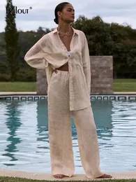 Calça feminina de verão cáqui linen conjunta mulheres 2 peças roupas roupas de manga longa blusas soltas moda elástica na cintura de perna larga terno de perna