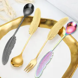 Dinnerware Sets 1pc Stainless Steel Feather Spoon Fork Tea Coffee For Ice Cream Dessert Scoop Decoration Cutlery Tableware Fruit