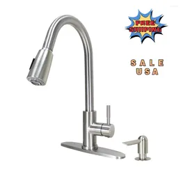 Kökskranar Elmont Dra ner Sink -kran med Soap Dispenser Satin Nickel Dålig Easy Install 360 graders svängbar justerbar ström